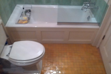 Example of a small farmhouse master yellow tile and ceramic tile ceramic tile bathroom design in Other with a two-piece toilet, beige walls and a pedestal sink