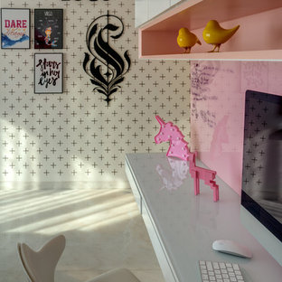 This is an example of a large contemporary study room in Mumbai with white walls, marble floors and white floor.