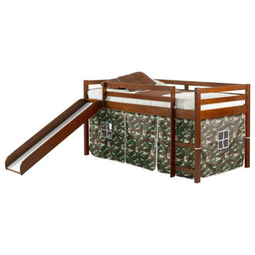 Donco Kids Twin Solid Wood Mission Low Loft Bed with Camo Tent in Espresso