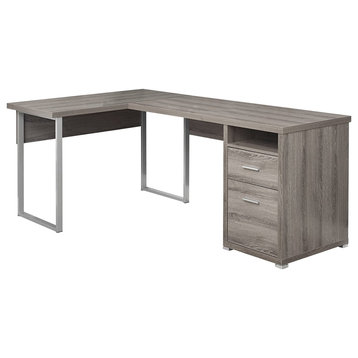 L-Shaped Desk, Sleek Track Metal Legs With Drawers and Open Cubby, Dark Taupe