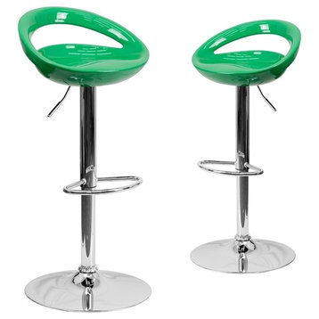 Set of 2 Contemporary Green Plastic Adjustable Height Barstools With Chrome Base