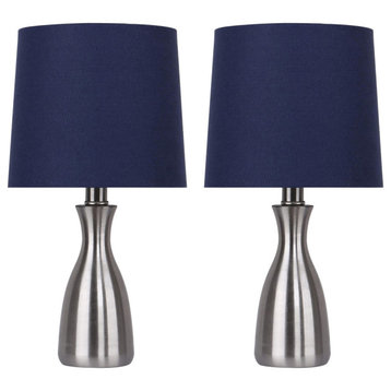 15" Brushed Nickel Accent Lamp With Vase-Shaped Base, Navy Linen Shade, Set of 2