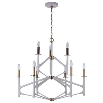The Reserve 9 Light Chandelier, Matte White and Satin Brass