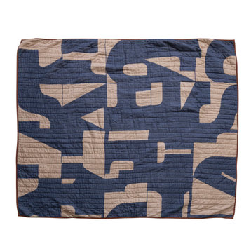 Modern Quilted Cotton Throw Blanket, Blue and Natural