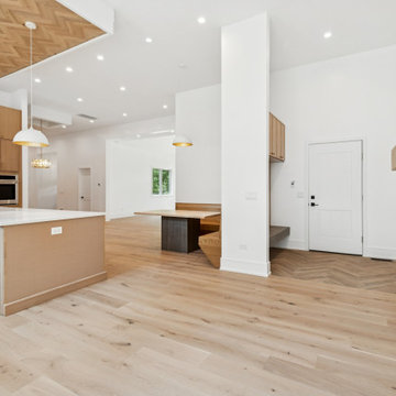 Open Concept Kitchen & Living With Integrated Wood Bench Seating