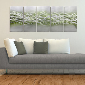 Blades of Spring - Modern Silver and Green Hand-Painted Abstract Metal Wall Art