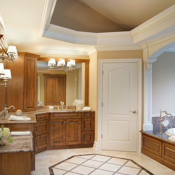 Bathroom With Octagonal Tray Ceiling and Tile Flooring