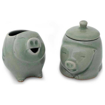 NOVICA Piggy Cheer And Celadon Ceramic Sugar Bowl And Creamer  (Pair)