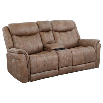 Morrison Camel Brown Faux Suede Leather Power Reclining Console Loveseat