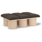 Meridian Furniture - Pavilion Black Boucle Fabric Bench, Brown, Natural Finish, 46.5" W X 36" D X 17.5" H - Bring valuable seating and remarkable style to your space with this Brown Pavilion boucle fabric bench, an exquisite balance of style and usability for the entryway, bedroom, and beyond. Crafted from oak veneer with a natural finish, this bench has a 4-inch-thick seat cushion that's channel-tufted for a touch of luxury. The bench's columnar bases add a dash of art deco design, making it a captivating focal point in any room.