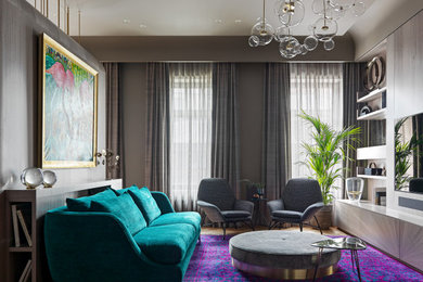 Example of a mid-sized transitional enclosed tray ceiling and wainscoting living room design in Moscow with a wall-mounted tv