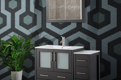 Inspiration for a bathroom in Sacramento with black cabinets, an undermount sink, white benchtops, a single vanity and a freestanding vanity.