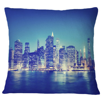 New York City Night Panorama Throw Pillow, 18"x18"