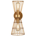 Z-Lite - Alito Two Light Wall Sconce, Rubbed Brass - A cage-like design offers a hint of industrial inspiration to this energizing two-light wall sconce a superb choice for a custom casual space. Light up a hallway bathroom or bedroom with this sconce from the Alito collection offering geometric elegance in a concave silhouette and thin wires made of warm rubbed brass finish iron. Adding separately purchased vintage style bulbs changes up its motif to reflect versatility.