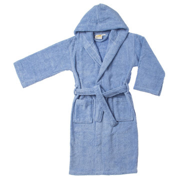 Superior Egyptian Cotton Kids Hooded Unisex Terry Bath Robe, Small/Medium, Blu