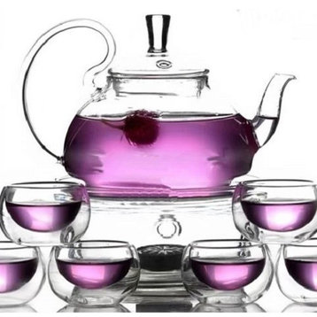 Glass Teapot Set With 6 Glasses and Warmer