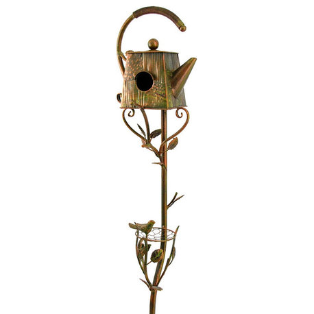 Antique Copper Teapot Birdhouse Garden Stake "Ribbed Octagonal Teapot"