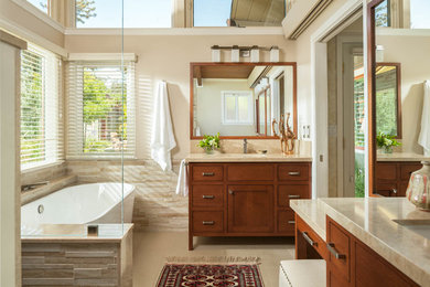 Arts and crafts master beige tile and porcelain tile porcelain tile and beige floor bathroom photo in San Francisco with furniture-like cabinets, brown cabinets, quartz countertops and beige countertops