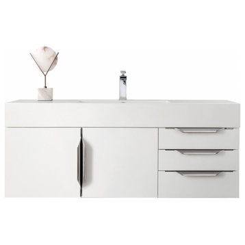 48 Inch White Floating Bathroom Vanity, Glossy White Top, Modern, With Outlets