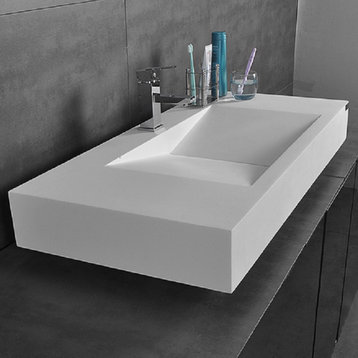 Wall-Mount Floating Sink Solid Surface Stone Resin Bathroom V-Shaped Sink, Glossy White