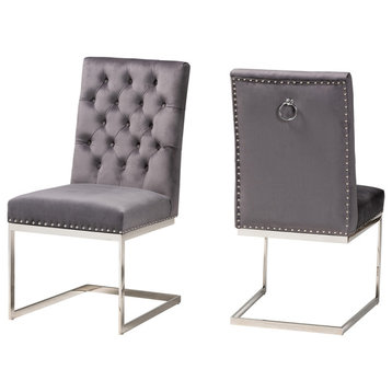 Glam and Luxe Gray Velvet Fabric and Silver Metal 2-Piece Dining Chair Set