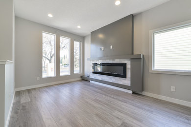 Mid-sized trendy open concept vinyl floor and gray floor living room photo in Edmonton with gray walls and a ribbon fireplace