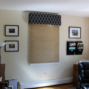 Cordless woven wood shade with contrast fabric Valance