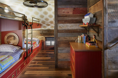 Eclectic dark wood floor, brown floor, wallpaper ceiling and wood wall kids' bedroom photo in Other