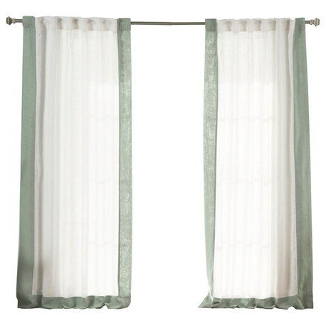 Faux Linen Blend Border Curtains, White/Spruce