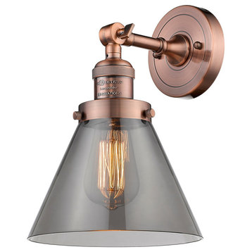 Large Cone 1-Light Sconce, Smoked Glass, Antique Copper