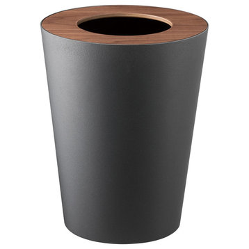 Trash Can, Steel and Wood, Lid, Walnut, Round, round