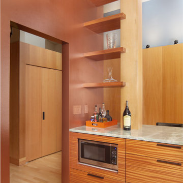 Kitchen looking at display shelves and microwave drawer