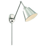 Crystorama - Mitchell 1 Light Polished Nickel Wall Mount - The functional and fashionable Mitchell task light is versatile enough to fit into any interior. Stylish, modern and minimal, the fixture features a tapered metal shade and round beveled backplate, powered by a dimmable switch to adjust brightness and can be hardwired or plugged into your outlet. Designed to direct light where you need it most, this fixture is both sleek and contemporary, allowing its design to be incorporated easily into any home decor.