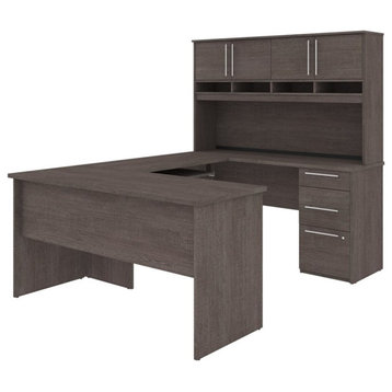 Pemberly Row Wooden Configurable Computer Desk with Hutch in Bark Gray