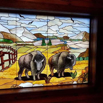 Buffalo stained Glass Panel - wood paneled room