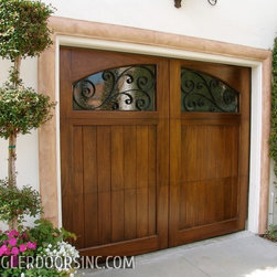 Mediterranean Garage Door / African Mahogany with Iron Window Scrolling - Garage Doors And Openers