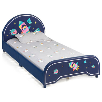 Twin Kids Bed, Slatted Support and Rocket Patterned Rounded Headboard, Blue