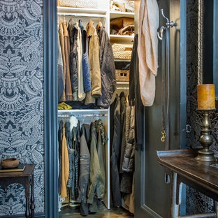 Inspiration for a small eclectic gender-neutral medium tone wood floor reach-in closet remodel in Orange County with open cabinets and white cabinets