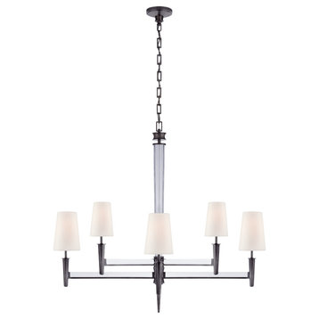 Lyra Two Tier Chandelier in Bronze and Crystal with Linen Shades