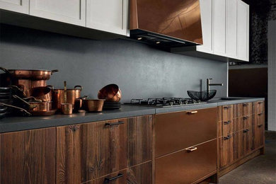 Urban single-wall open concept kitchen photo in Other with medium tone wood cabinets