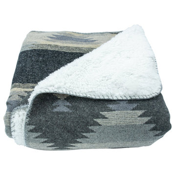 Southwest Aztec Design Throw With Sherpa Backing, 50"x60", Gray, 1 Piece