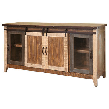 70" Brown Solid Wood Cabinet Enclosed Storage Distressed TV Stand