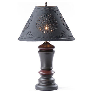 Turned Wood Table Lamp USA Handmade Peppermill, Punched Tin Shade