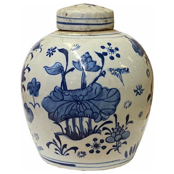 Chinese Oriental Small Blue White Birds Flowers Porcelain Ginger Jar Hws1870
