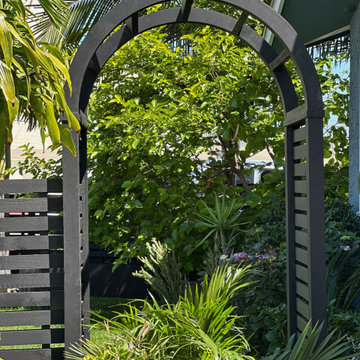 Modern Black Horizontal Slat Fence & Arbor Gate