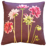 Pillow Decor Ltd. - Pillow Decor - Pink Dahlias Square Tapestry Throw Pillow - Pink Dahlias in various stages of bloom are splashed across the front of this 19 x 19 square French tapestry throw pillow. A purple background contrasts wonderfully against the green dahlia stems and the pink and rose tones of the flower blossoms. The back of the pillow is a matching wine colored cotton canvas.