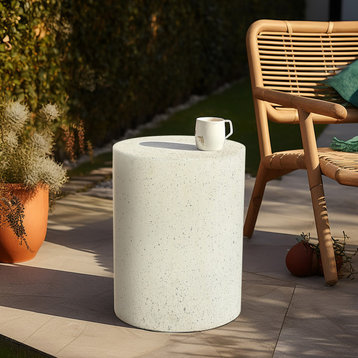 White and Speckled Gray Cement Round Indoor Outdoor Side Table