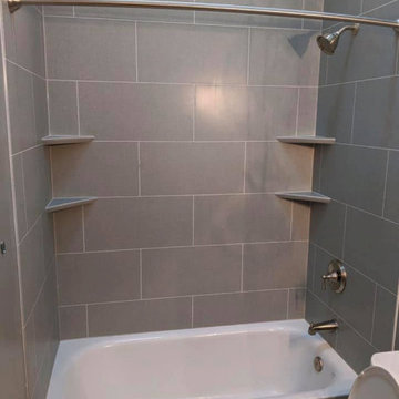 Basket Weave gray with Roman Block simulated tile shower
