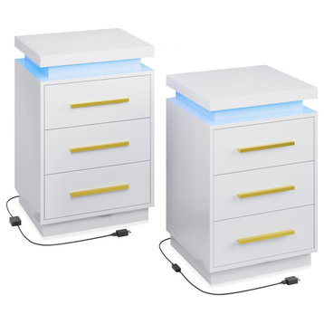 Set of 2 End Tables with RF Remote-Controlled LED Lights, Three Drawers, White