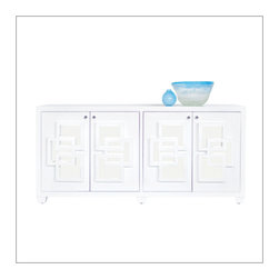 4-door media console in white lacquer with inset mirror doors - Entertainment Centers And Tv Stands